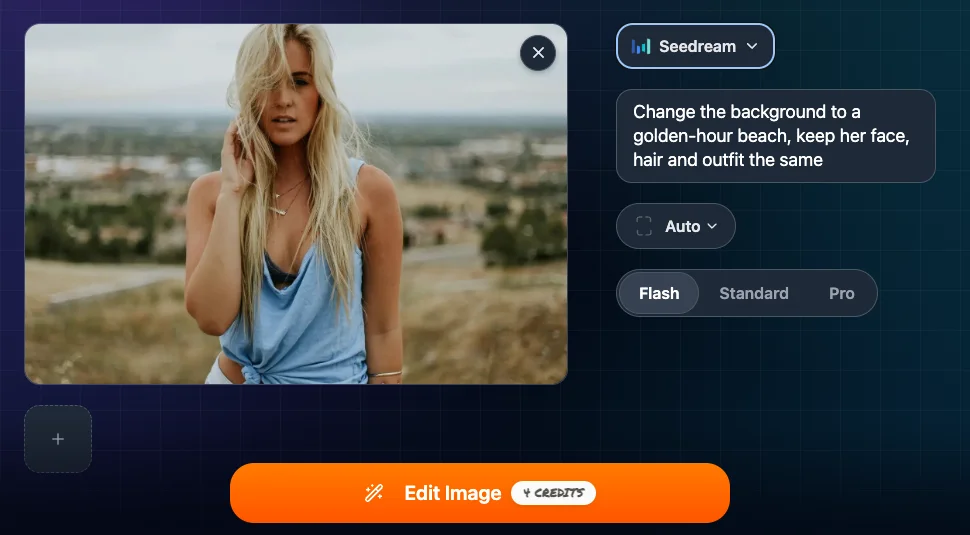 AI Image Editor with a photo uploaded, an editing prompt, and model options