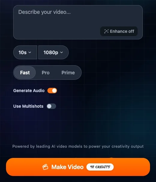 Wan Fast on Photo to Video, 10 seconds at 1080p with audio on: the Make Video button shows 98 credits (screenshot taken 23 Oct 2026)