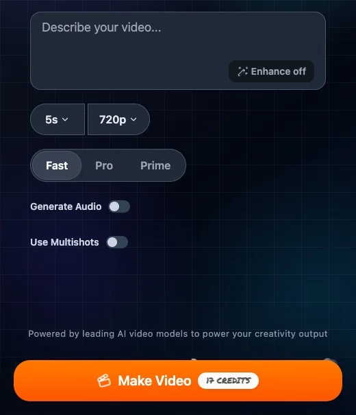The same photo on Wan Fast, 5 seconds at 720p with audio off: the Make Video button shows 17 credits (screenshot taken 23 Oct 2026)