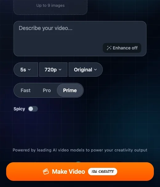 Wan Prime, 5 seconds at 720p: the Make Video button shows 126 credits (screenshot taken 23 Oct 2026)
