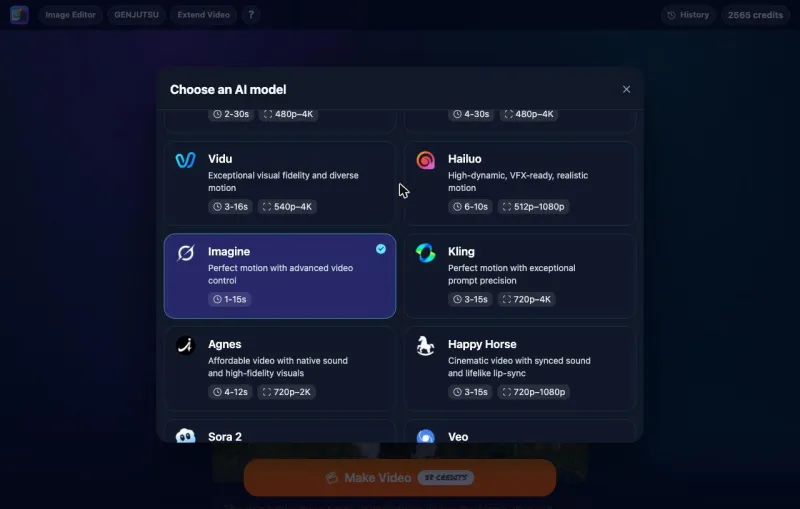 The Choose an AI model menu with Imagine (Grok Imagine) selected, showing 1-15s