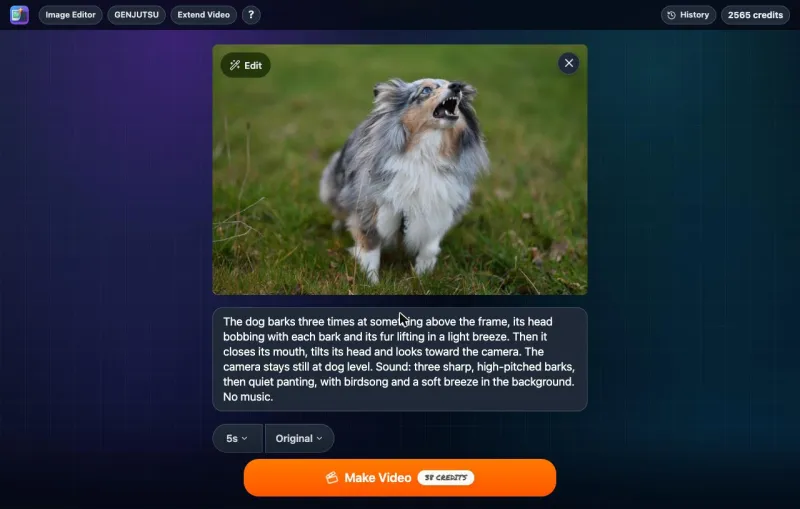 The photo and prompt loaded in the generator, with 5s, Original and 38 credits on Make Video