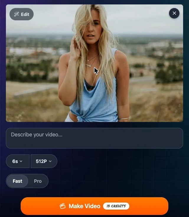 A photo uploaded on the Hailuo page with the default Fast, 6s and 512P settings and the credit cost on the Make Video button