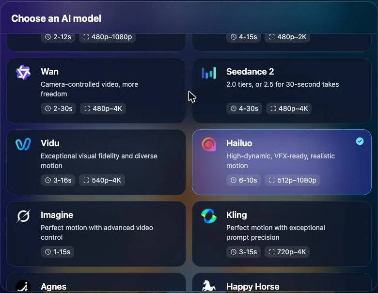 The Hailuo card in Photo to Video's model menu, showing 6–10s and 512p–1080p