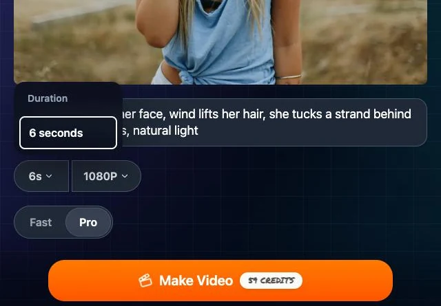 Pro at 1080P: the Duration menu offers only 6 seconds