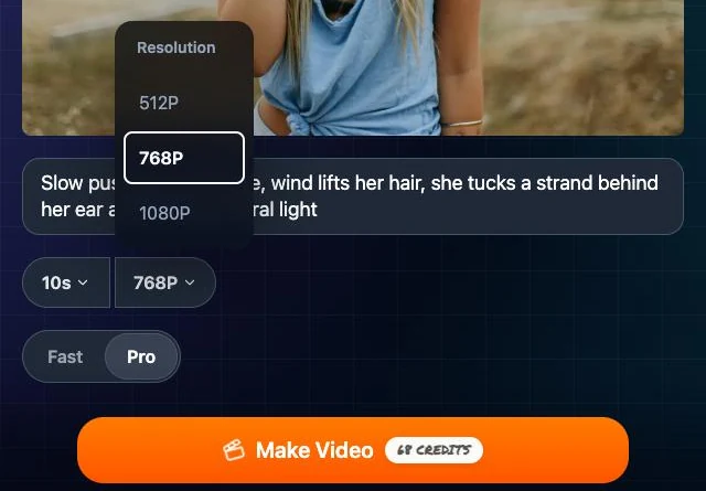 Pro selected with an example prompt and the Resolution menu open, showing 512P, 768P and 1080P