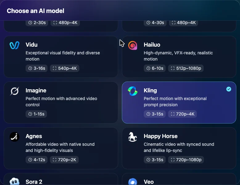 Choose an AI model menu with Kling selected