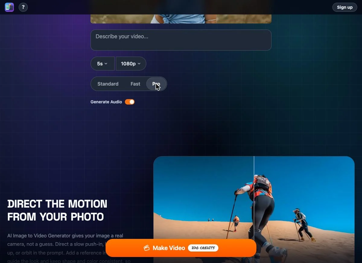 Kling Pro at 1080p with duration, resolution and Generate Audio controls