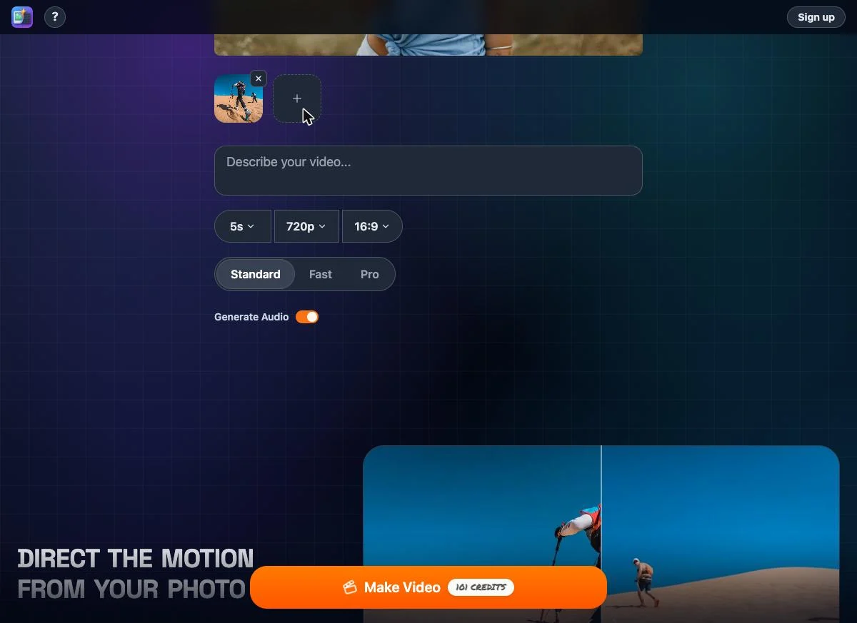 Kling reference mode with two images, resolution, aspect ratio and audio controls