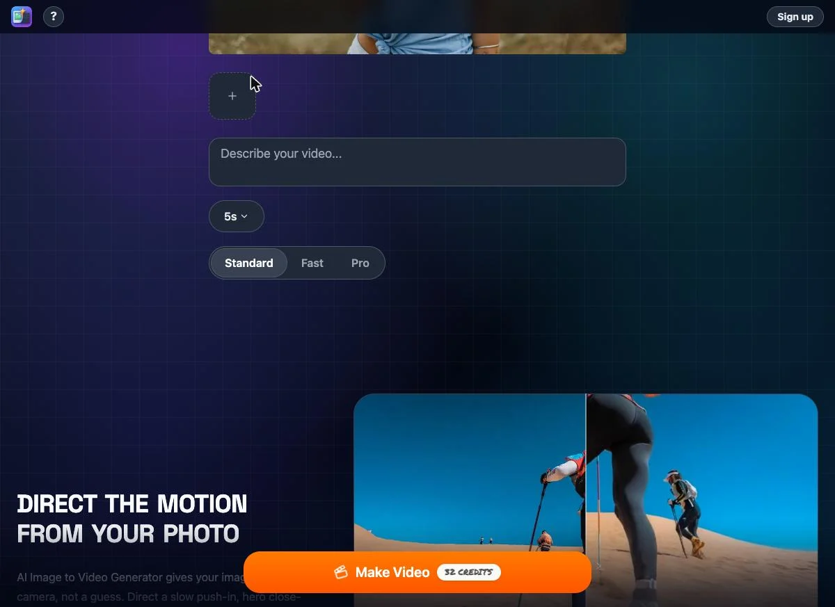 Kling Standard settings with a five-second duration and credit cost on Make Video