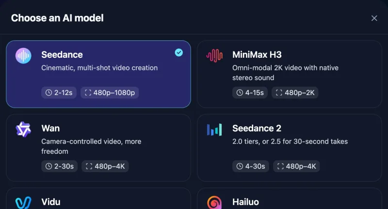The model picker with Seedance selected