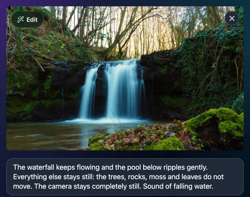 A waterfall photo uploaded to the Photo to Video generator, with a prompt describing which parts should move