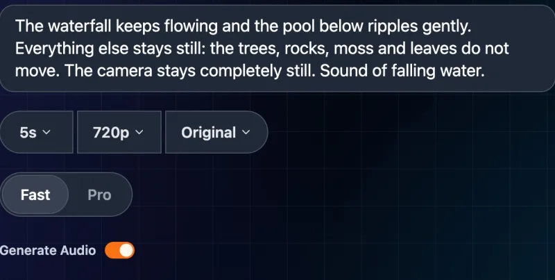 Seedance Fast settings: 5 seconds, 720p, Original aspect ratio, Generate Audio on