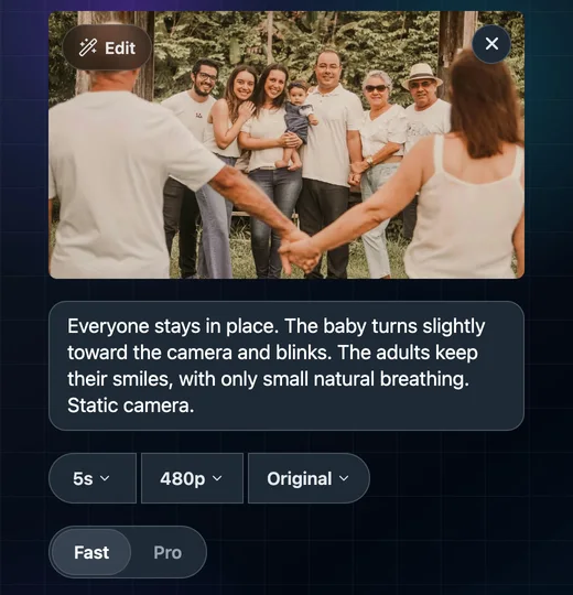 The Seedance setup shown here with the family photo uploaded, the group prompt typed in, and the settings set to 5s, 480p and Original
