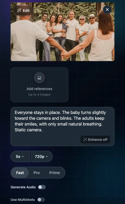 Wan, Fast tier, with the same prompt, 5s and 720p, and the Generate Audio switch turned off