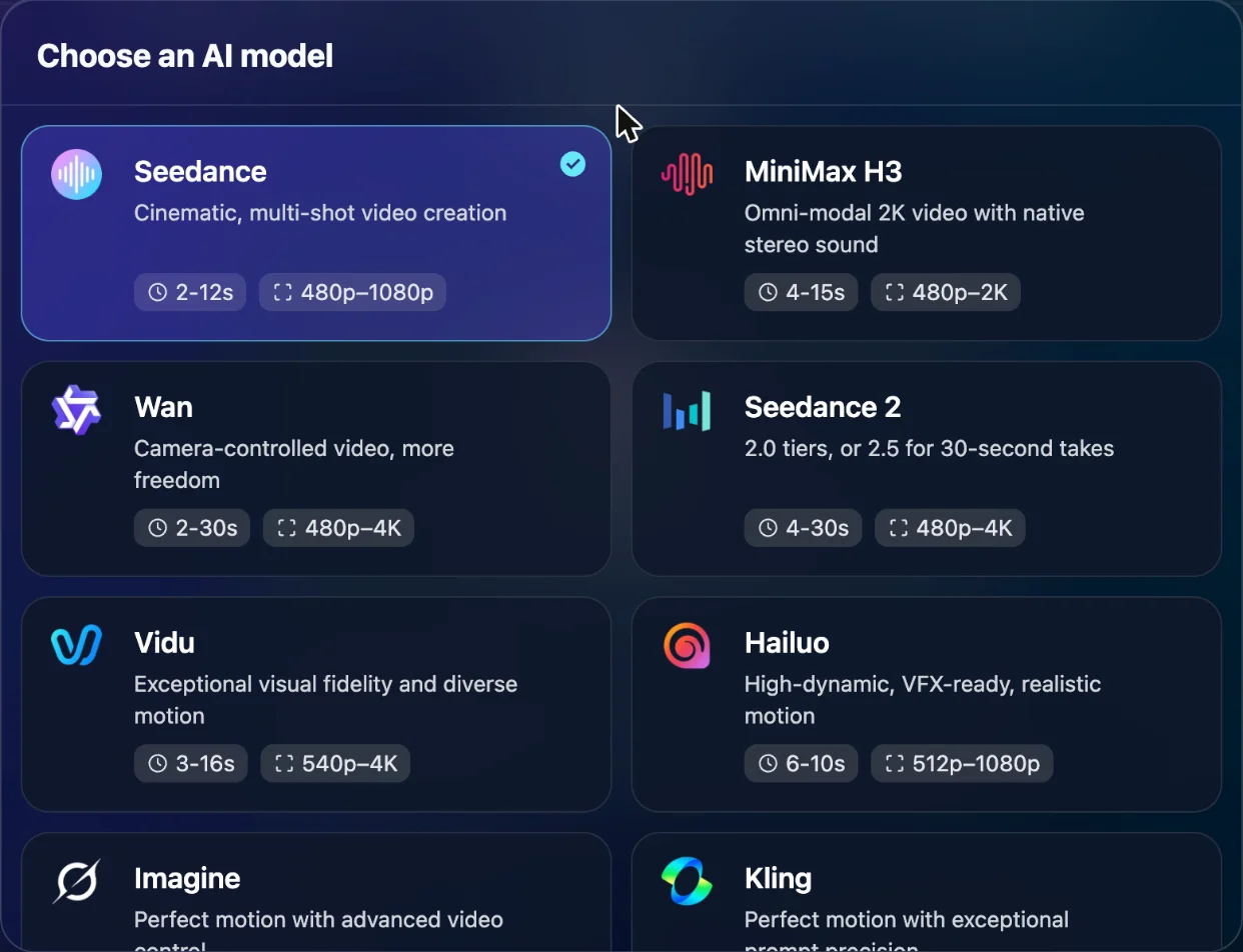 Model picker with supported video durations and resolutions
