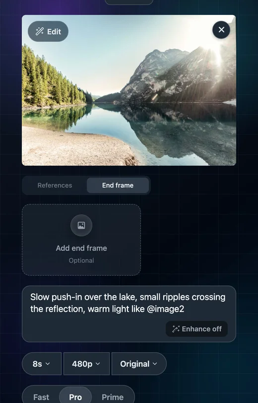 The same Wan Pro setup on the End frame tab, with the references hidden