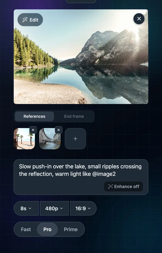 Wan Pro with a lake photo as the main image, a beach and a city street in the References rail, and a prompt that mentions @image2