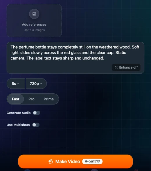 Wan Fast with a static product prompt, 5s and 720p