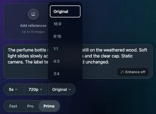 Wan Prime with the aspect-ratio menu open: Original, 16:9, 9:16, 1:1, 4:3, 3:4