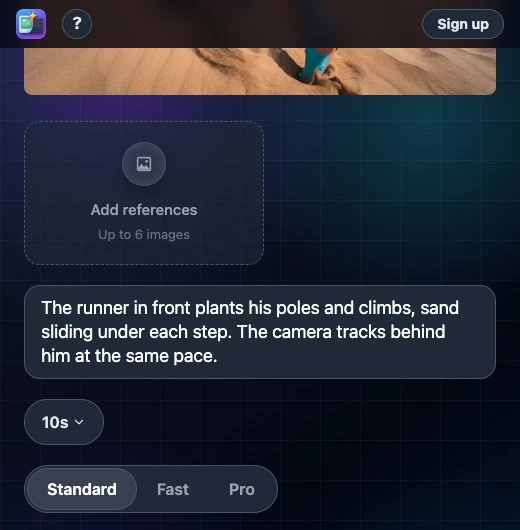 Kling Standard on Photo to Video: a tracking-shot prompt in the prompt box