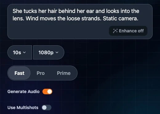 Wan Fast on Photo to Video: Enhance pill in the prompt box, Generate Audio and Use Multishots switches