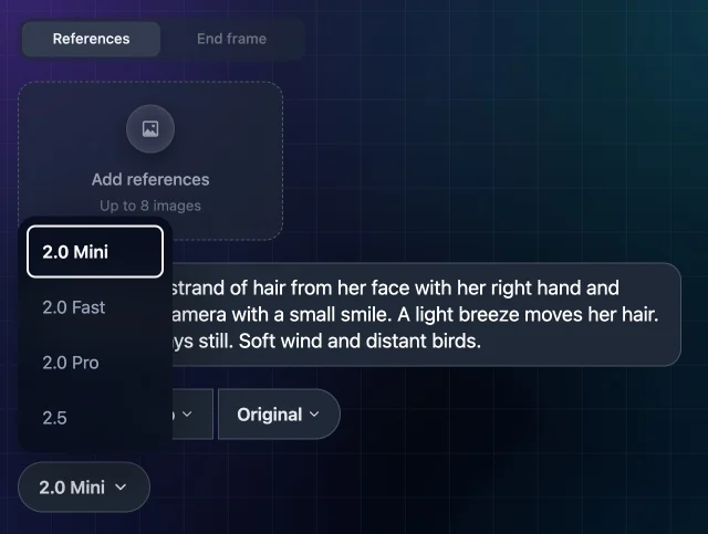Seedance 2 settings with the version menu open: References and End frame tabs, "Up to 8 images", the prompt, Duration, Resolution and Original