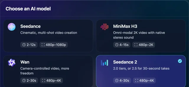 The "Choose an AI model" picker showing the Seedance card (2–12s, 480p–1080p) and the Seedance 2 card (4–30s, 480p–4K)