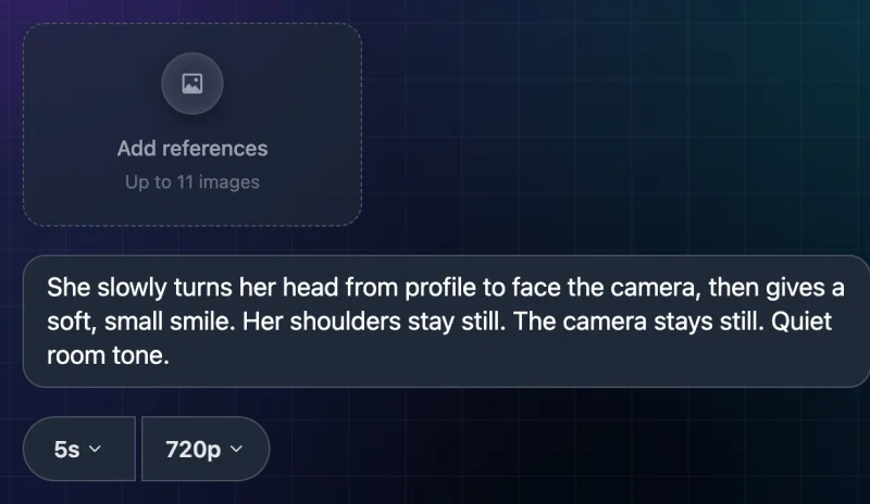 Vidu settings with a photo loaded: Add references (up to 11 images), 5s and 720p