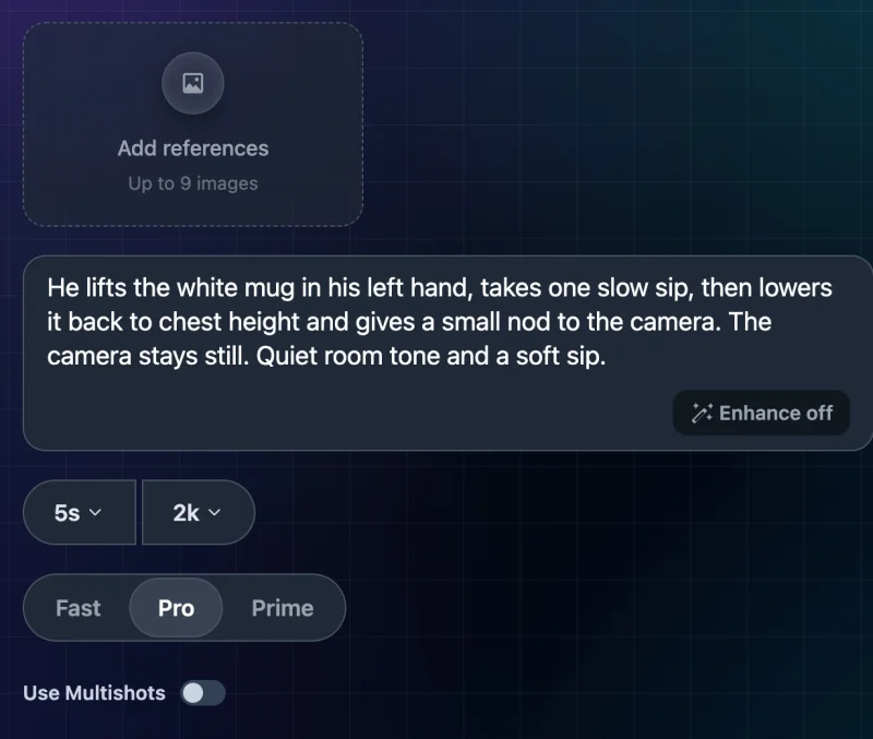Wan Pro settings at 2K: no aspect ratio menu, no End frame tab, Use Multishots appears