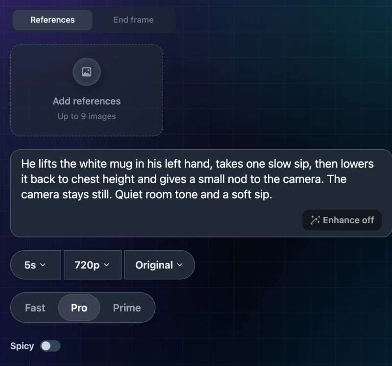 Wan Pro settings at 720p: References and End frame tabs, Original aspect ratio, Spicy off
