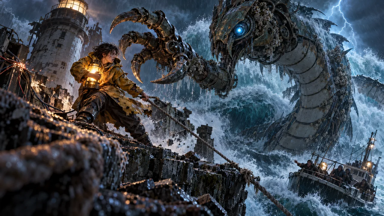 Original 3D concept art of a lighthouse keeper holding a lantern beside a mechanical sea creature