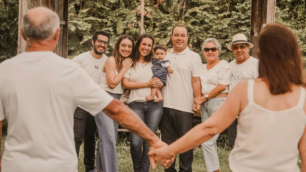 A family gathered outdoors, a source photograph used in a Photo to Video example